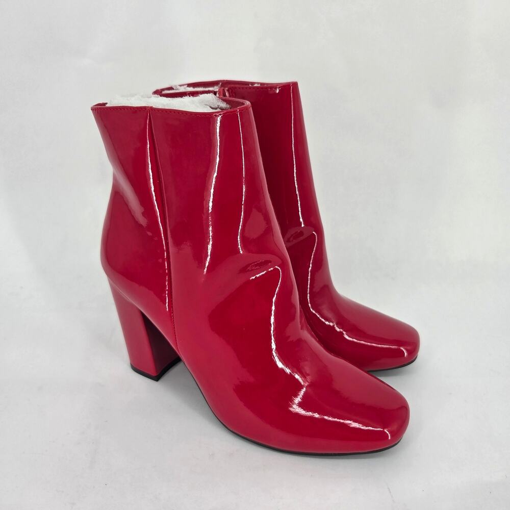 NEW Bamboo Red Faux Patent Leather Ankle Booties Boot Chunky Block Heel Size 9